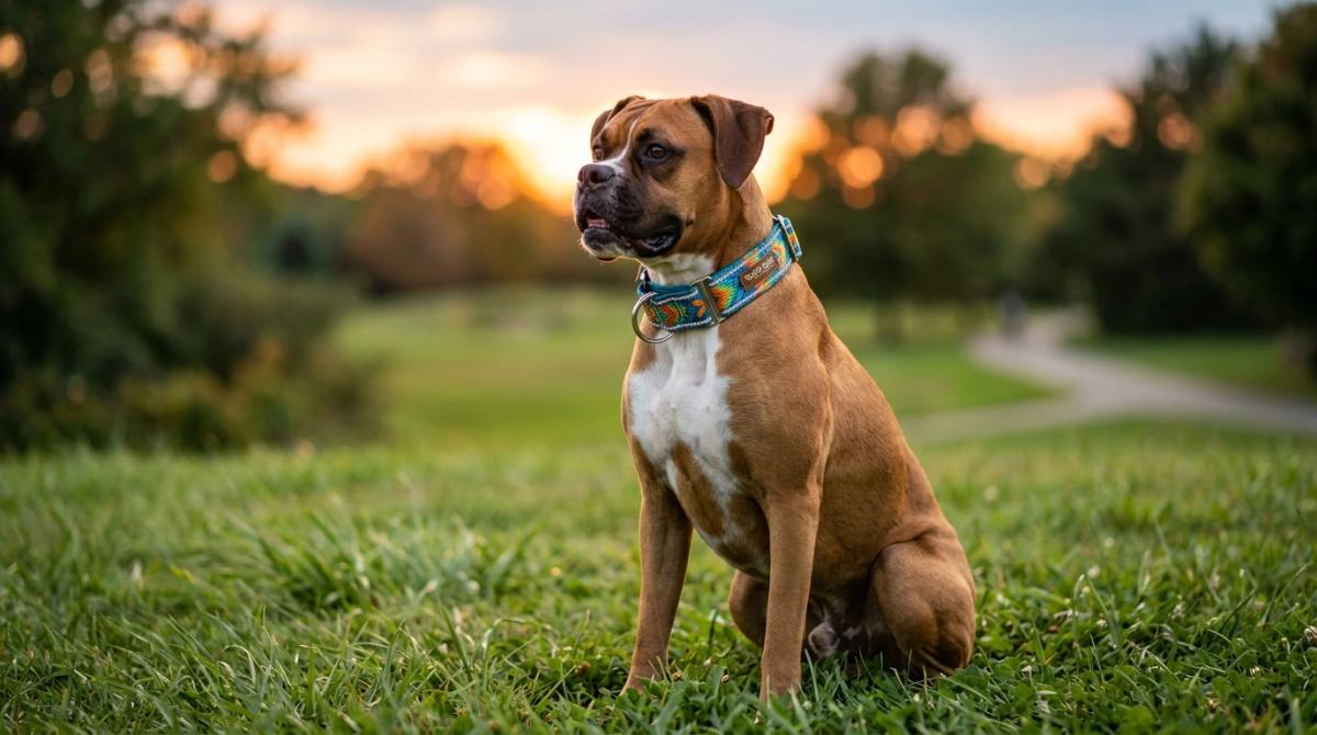 A healthy Boxer dog sitting in a grassy park at dusk wearing a wide, vibrantly patterned Country Brook Petz martingale dog collar with reflective stitching.