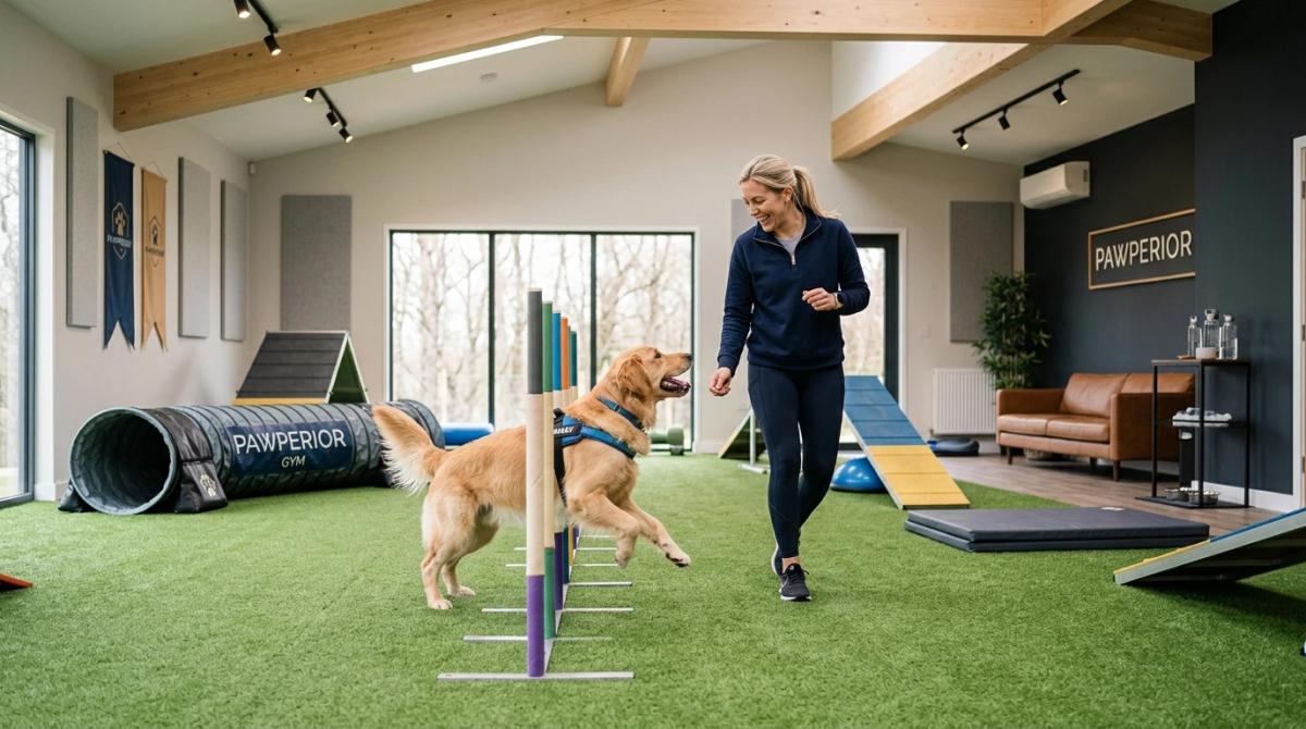 A dog owner training their golden retriever in a private, high-end indoor dog gym equipped with agility obstacles and premium K9 turf.