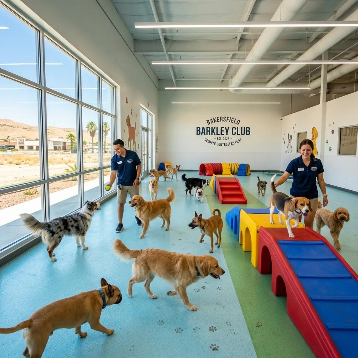 Various dog breeds playing on agility ramps in a bright, modern indoor dog park in Bakersfield.