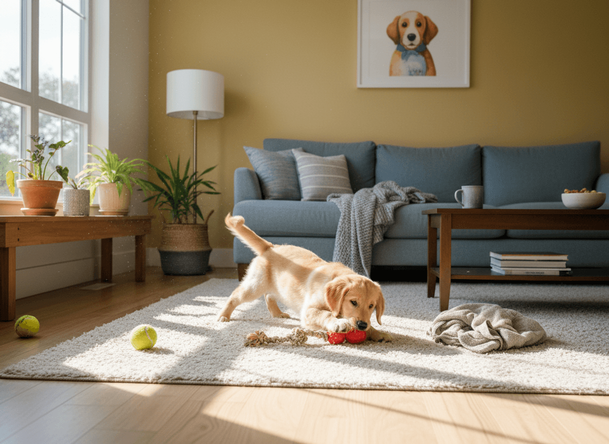 dog playing in room with toy