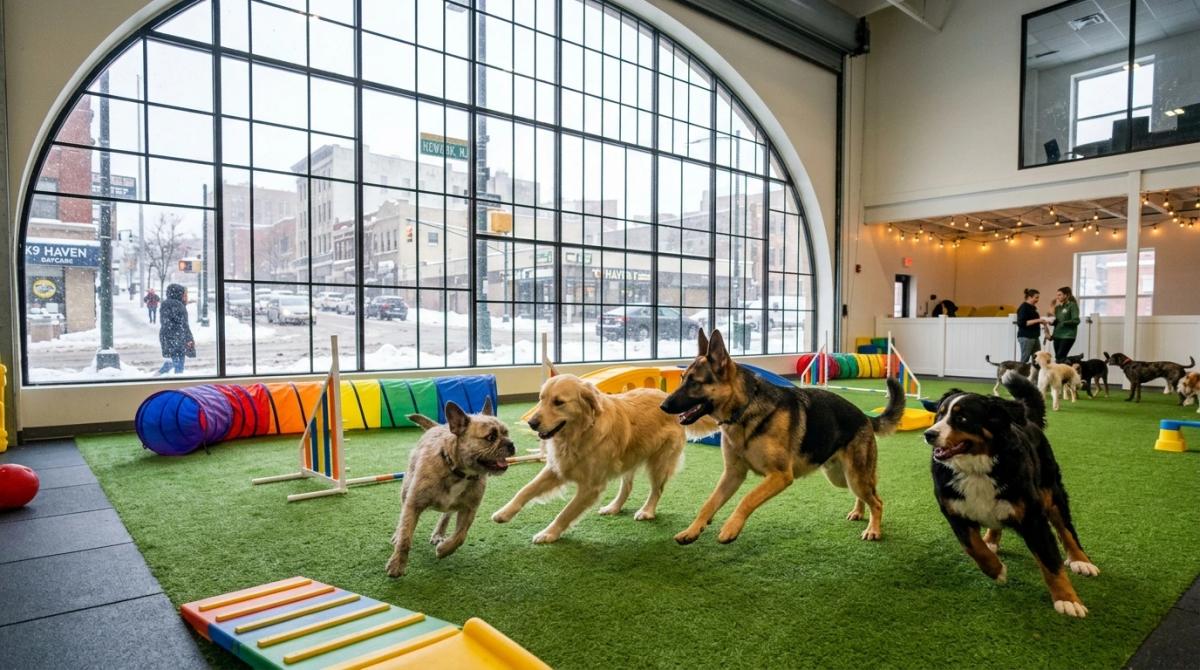 A French Bulldog and a German Shepherd playing together on green synthetic turf inside a bright, premium climate-controlled indoor dog daycare in the Newark, New Jersey area, while large industrial windows show a snowy winter street outside.