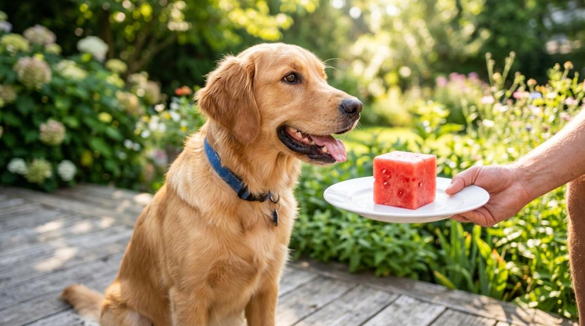 A happy Golden Retriever dog sitting outdoors on a wooden deck on a sunny summer day, eagerly looking at a square cube of fresh red watermelon being offered on a white plate.
