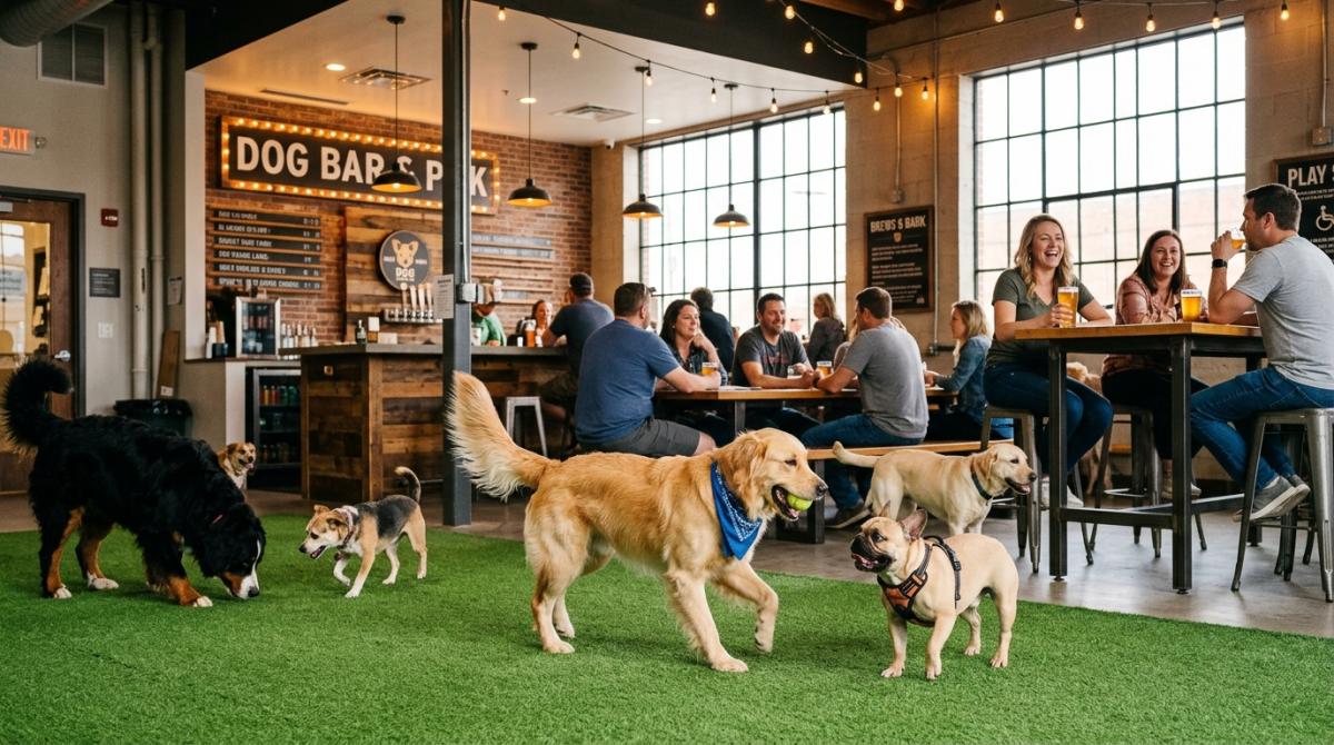 Several happy dogs, including a Golden Retriever and a French Bulldog, socializing on bright green indoor turf at an Omaha dog bar, while humans sit at wooden tables in the background under warm string lights.