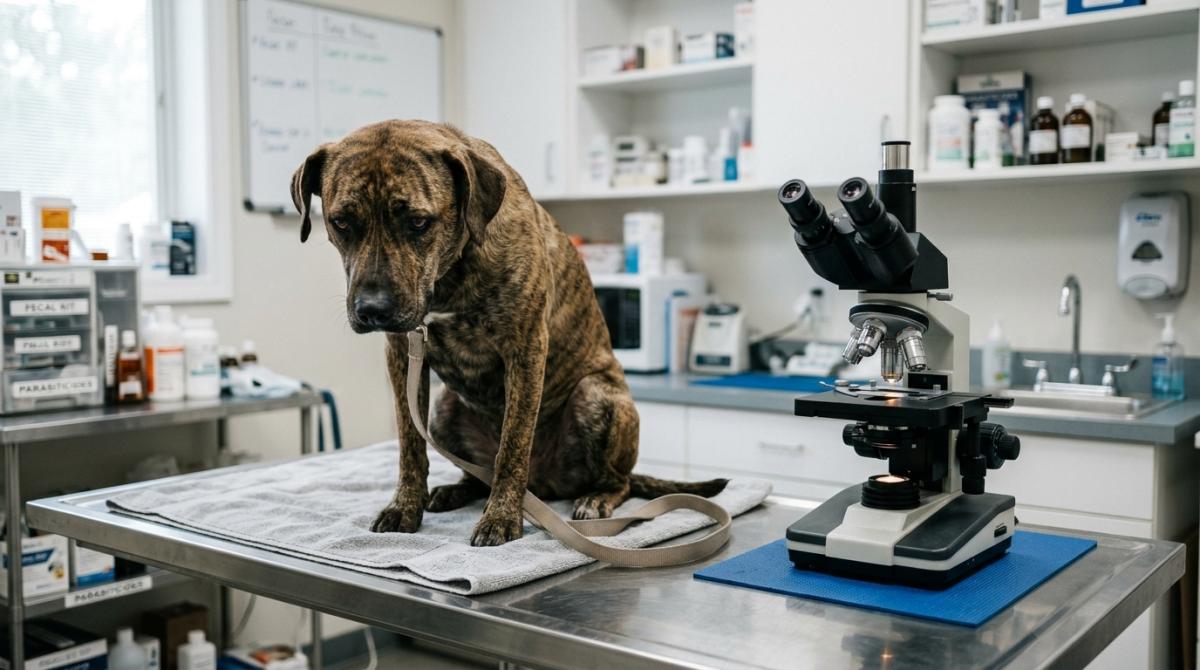 A sad, brindle-colored dog sitting on a stainless steel examination table in a brightly lit veterinary clinic, with a medical microscope in the foreground.