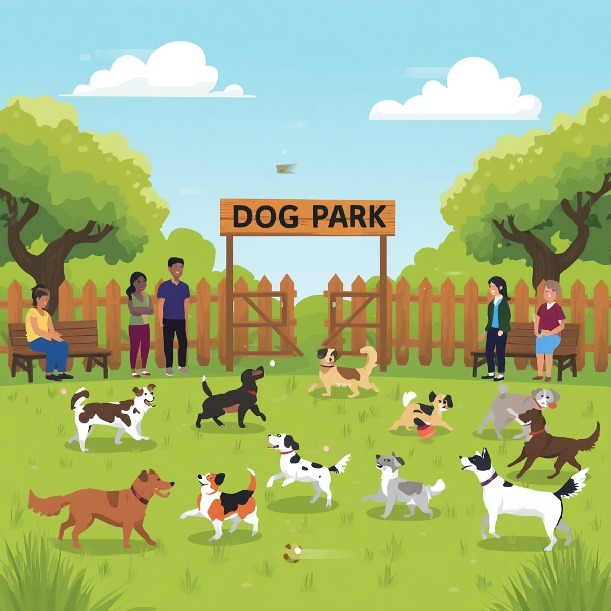A colorful illustration of several diverse dogs running and playing together in a fenced dog park while their owners watch and relax on wooden benches.