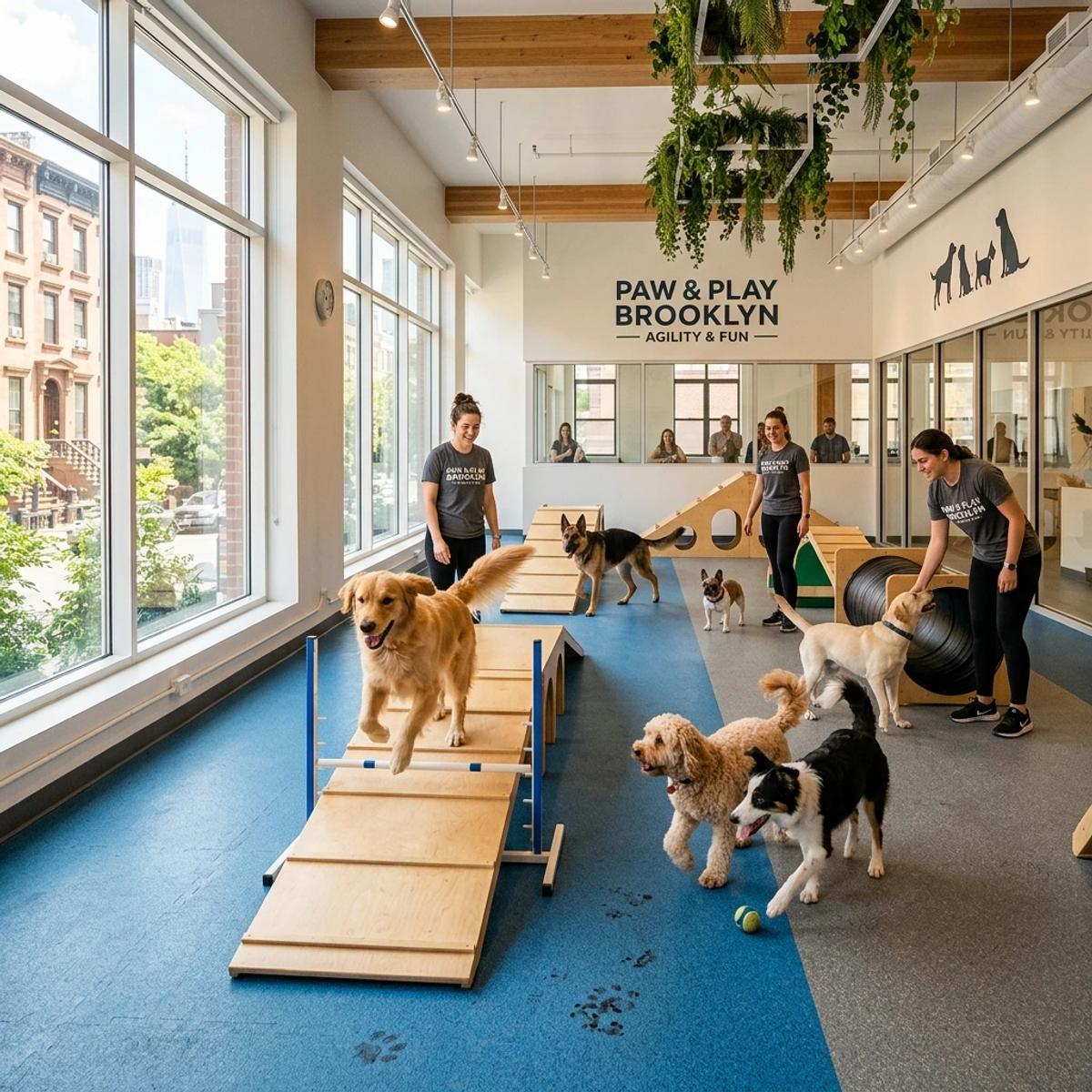 A modern indoor dog play facility in Brooklyn featuring rubberized play flooring, agility ramps, and happy dogs playing under staff supervision.