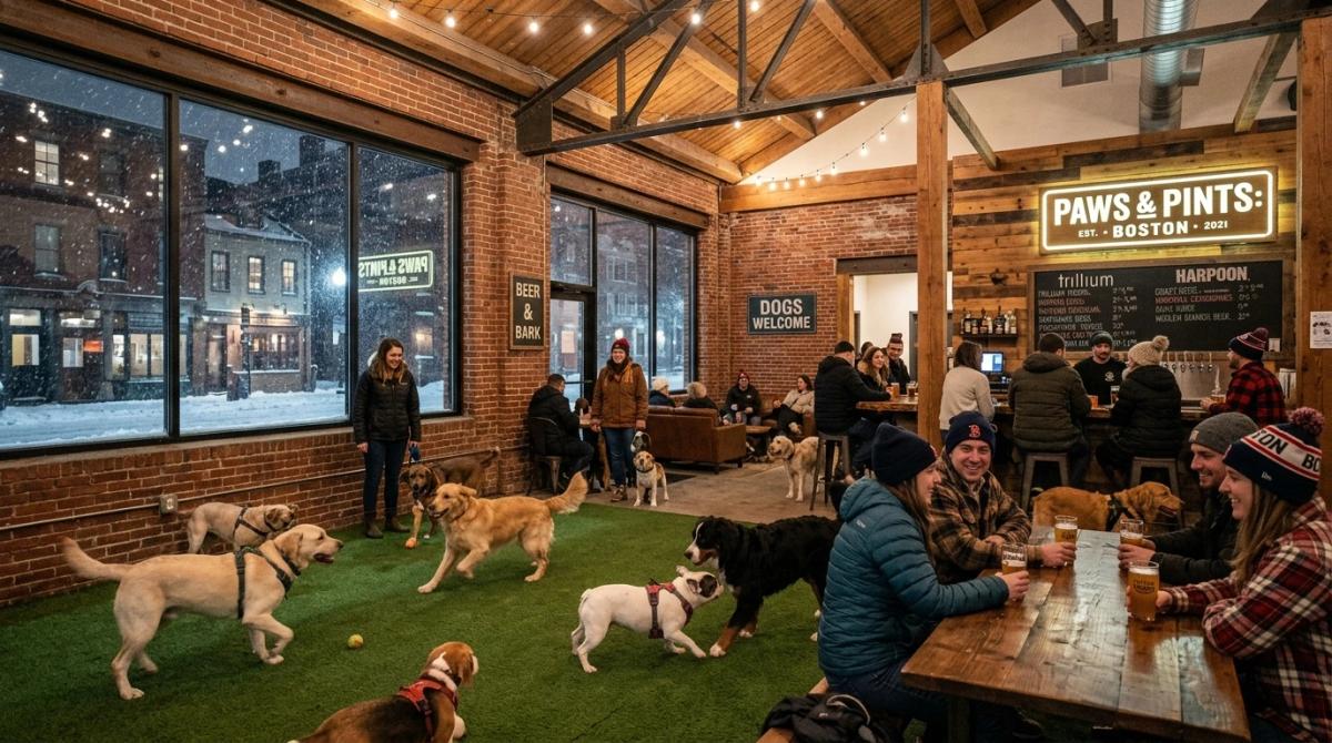 Happy dogs playing on indoor artificial turf while owners in winter coats and beanies socialize at wooden tables in a cozy Boston indoor dog park as snow falls outside.