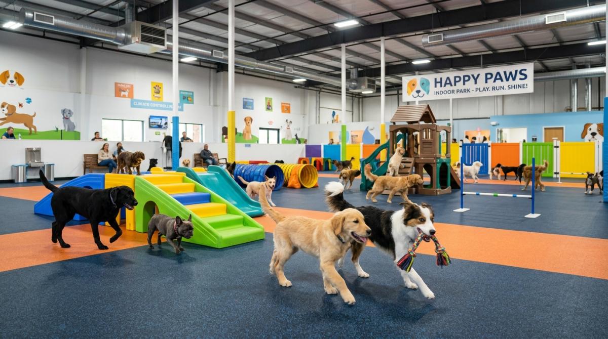 A vibrant group of happy dogs playing together inside a massive, climate-controlled indoor dog park with colorful play structures and rubber flooring.