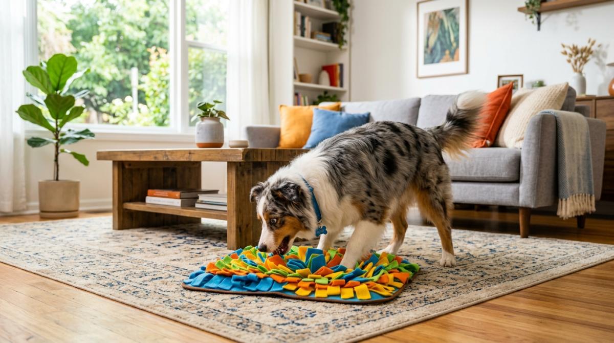 A happy Australian Shepherd dog sniffing and foraging through a colorful fabric snuffle mat puzzle toy on a rug in a bright, clean, cozy living room.