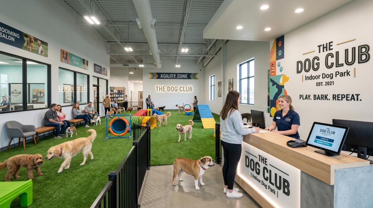 A modern, premium indoor dog park franchise interior featuring green artificial turf, agility equipment, branded wall signage, and a sleek front reception desk with a digital check-in screen while dogs play in the background.