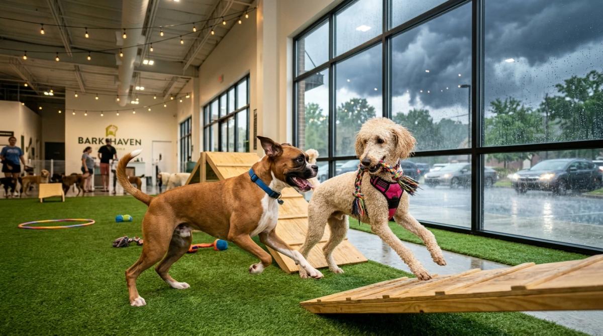 A Boxer and a Poodle playing together on green indoor turf at a climate-controlled dog park, with a torrential Georgia summer thunderstorm visible through large glass windows.