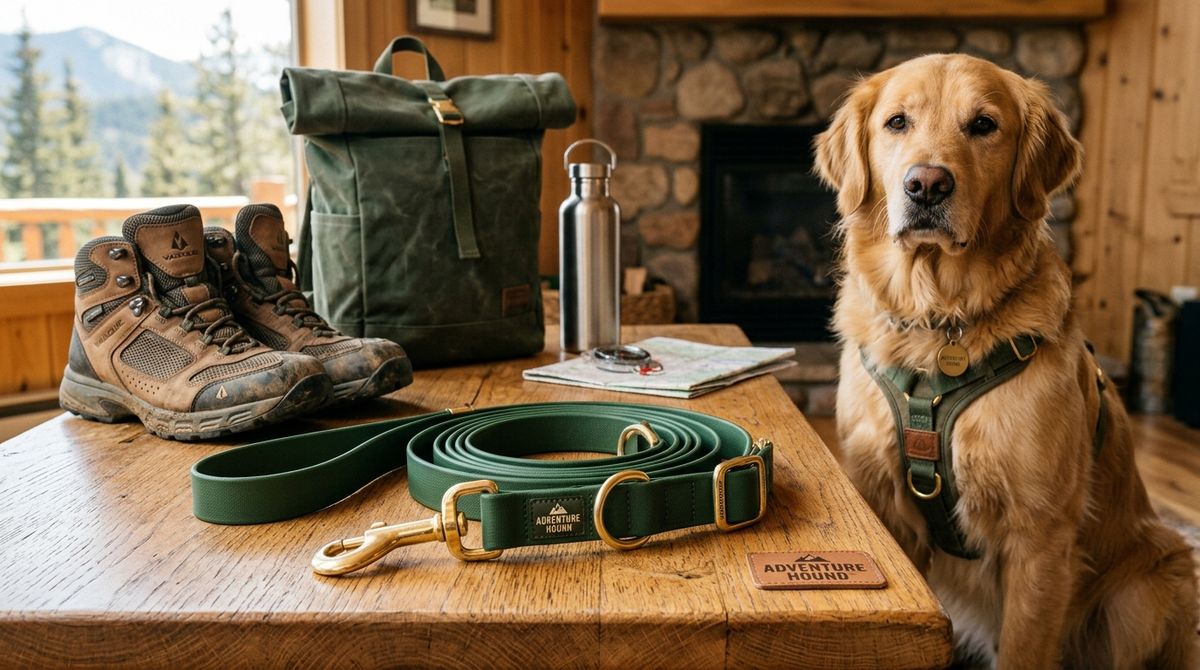 Lucky + Dog Austin adjustable waterproof dog leash with solid brass hardware on a rustic wooden table