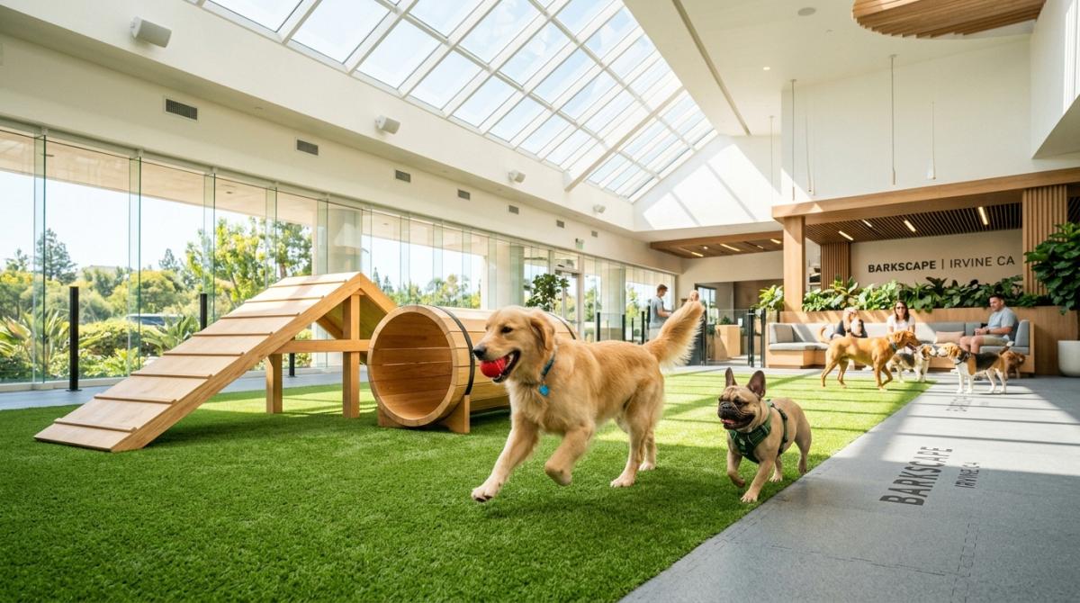 Golden Retriever and French Bulldog playing with a ball in a spacious, climate-controlled indoor dog park with artificial turf and agility ramps in Irvine, California.