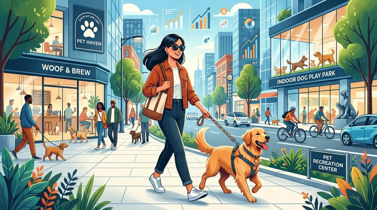 A digital illustration of a modern urban pet owner walking a golden retriever past a premium indoor dog cafe, illustrating the 2026 urban pet economy.