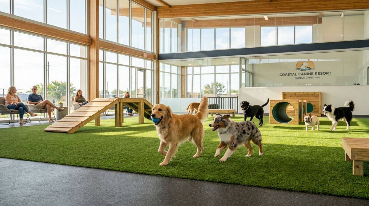 Golden Retriever and Australian Shepherd playing with a ball in a spacious, climate-controlled indoor dog park with artificial turf and agility ramps in Corpus Christi, Texas.