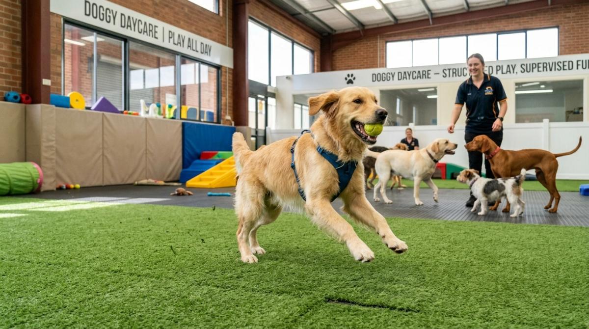 A happy Golden Retriever running with a tennis ball on indoor turf inside a large facility, while a professional doggy daycare staff member supervises other dogs in the background.