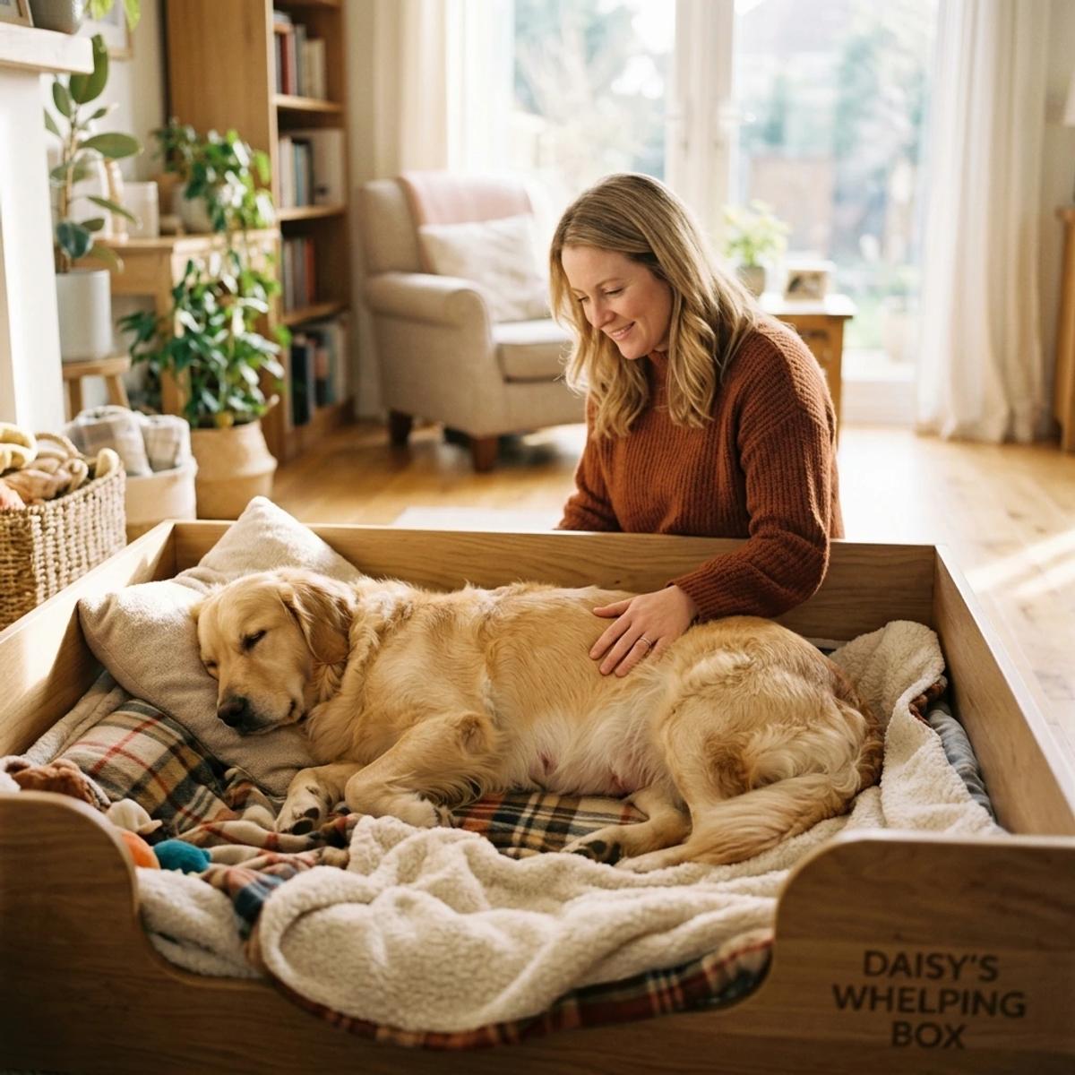 A pregnant golden retriever resting comfortably in a cozy wooden whelping box lined with soft blankets as her owner gently strokes her back.