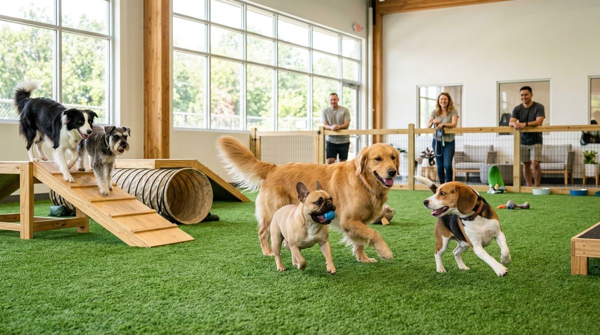Several happy dogs of different breeds playing on green turf in a bright, modern indoor dog park in Indianapolis, with owners watching in the background.