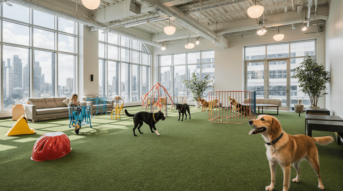 Happy dogs playing together in a spacious indoor dog park facility in Chicago with climate-controlled environment and safe play equipment