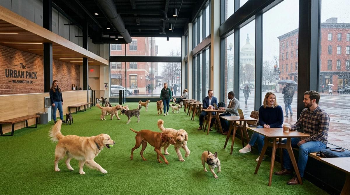 A high-end, climate-controlled indoor dog park in Washington DC featuring happy dogs playing on clean artificial turf while owners relax and work remotely, escaping a rainy day outside