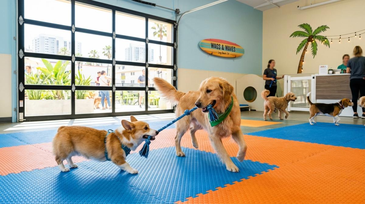 A vibrant, sunny indoor dog daycare facility in Long Beach, California, featuring a Golden Retriever and a Corgi playing on bright, shock-absorbent rubber flooring with coastal decor.