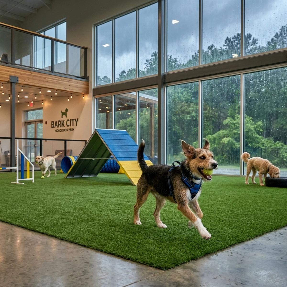 A happy mixed-breed dog running with a tennis ball on indoor green turf inside a bright, air-conditioned dog park, with large windows revealing heavy rain and lush green trees outside in Atlanta.