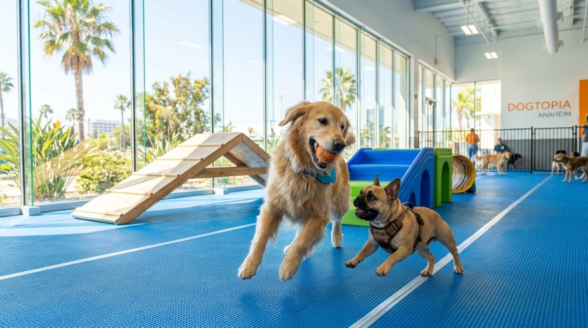 A happy Golden Retriever playing fetch alongside a French Bulldog on blue rubberized flooring inside a modern, air-conditioned indoor dog park in Anaheim, California with sunny palm trees visible outside.