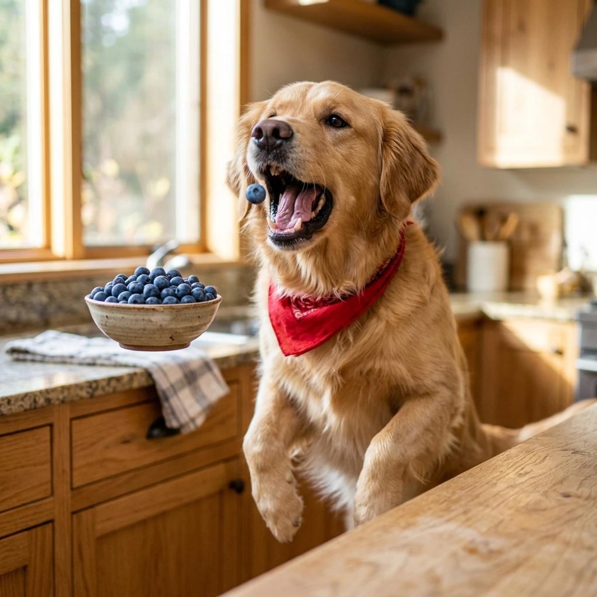 A happy golden retriever jumping to catch a fresh blueberry in mid-air in a bright kitchen with a bowl of blueberries on the counter.