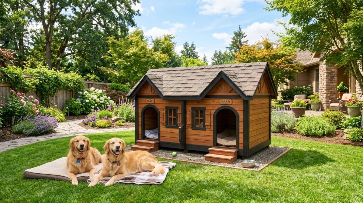 Two golden retrievers resting on a lawn in front of a large, wooden duplex dog house featuring two separate arched entrances and a shingled roof in a sunny backyard.