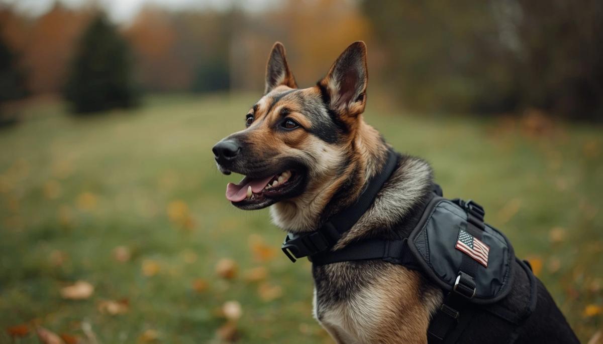 A German Shepherd wearing a black service dog vest with an American flag patch, sitting attentively in an outdoor park setting.