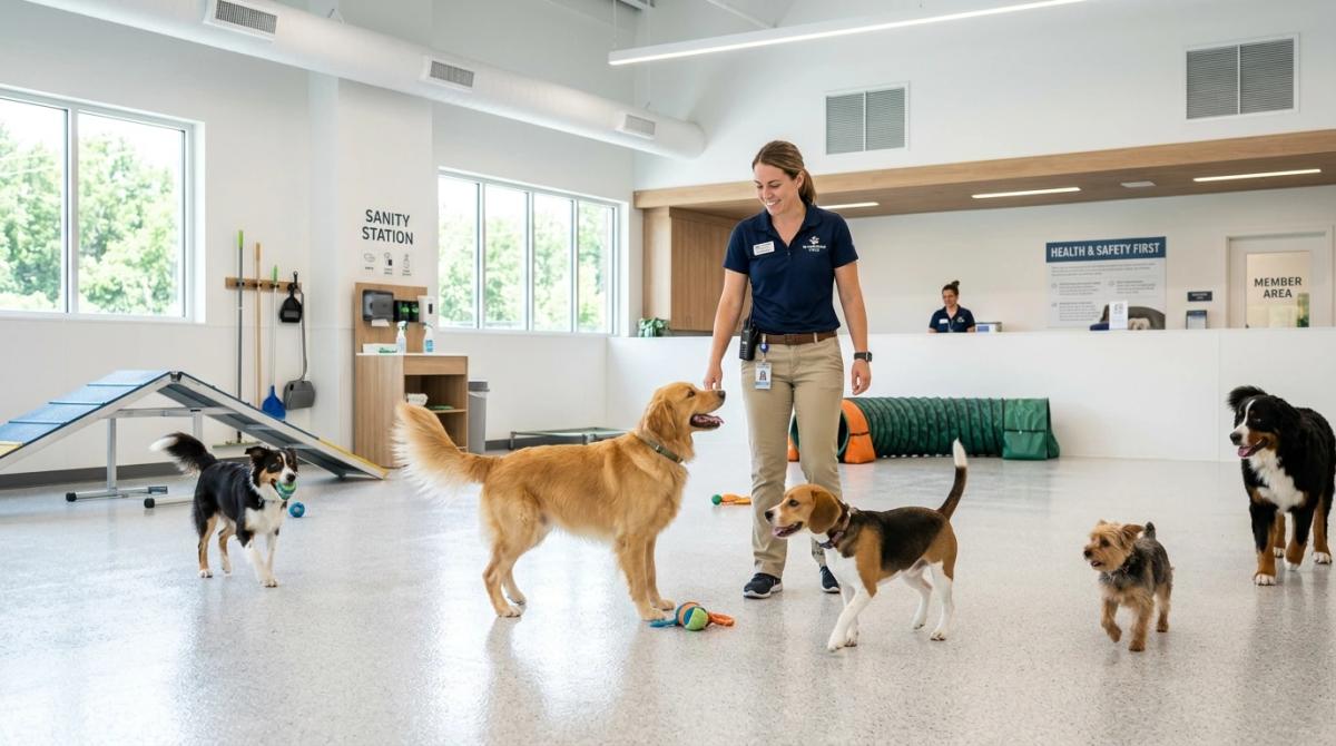 A bright, exceptionally clean indoor dog park with spotless quartz epoxy flooring, featuring a professional pack leader actively supervising healthy dogs at play.