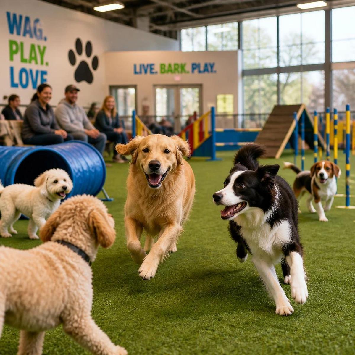 A pack of joyful dogs, including a Golden Retriever and Border Collie, running and playing on artificial turf inside a spacious, climate-controlled indoor dog park facility with agility equipment.