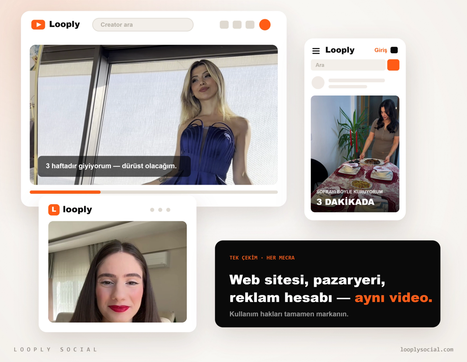 Looply platform arayüzünde farklı içerik üreticilerinin çektiği dikey UGC videoları