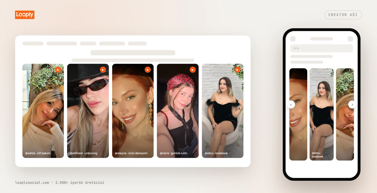 UGC video karuseli: masaüstü ve mobil e-ticaret sitesinde içerik üreticilerinin cilt bakımı ve içecek ürünlerini tanıttığı dikey videolar