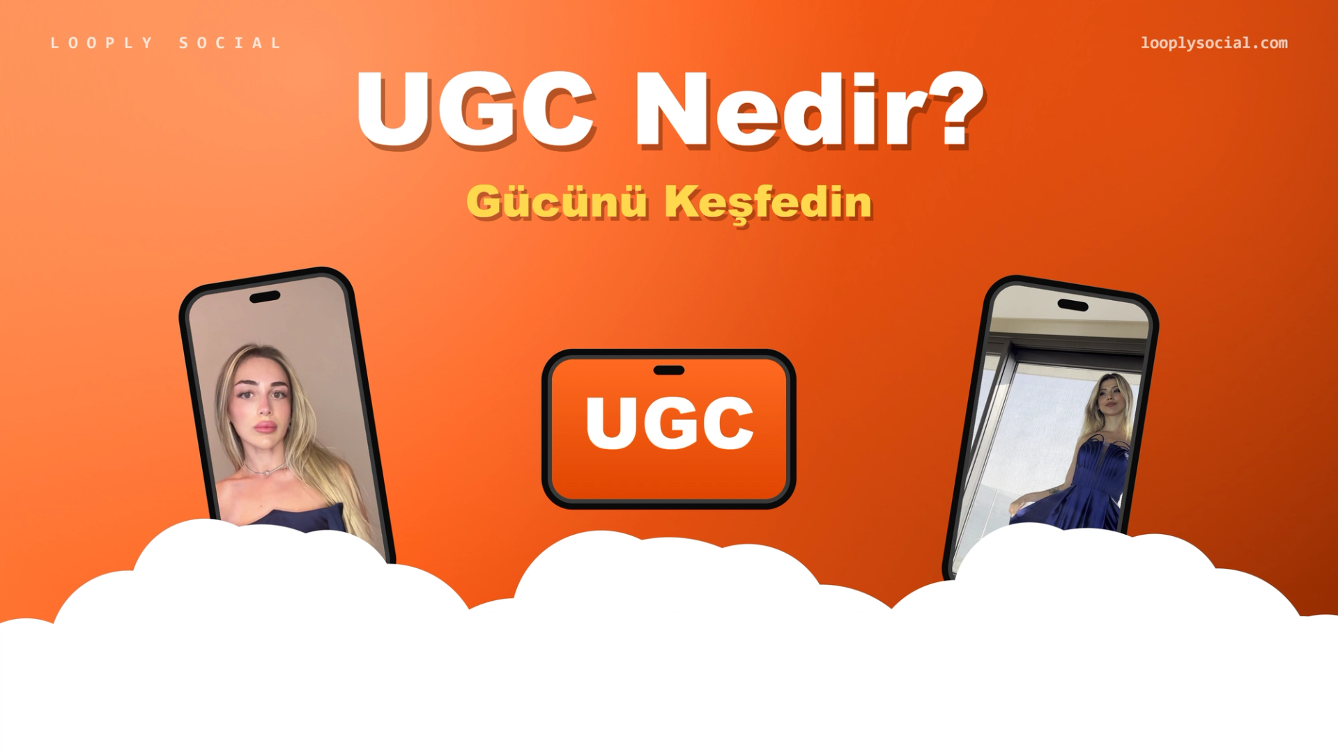 UGC Nedir? başlıklı Looply Social blog kapak görseli, iki telefon ekranında içerik üreticisi videoları
