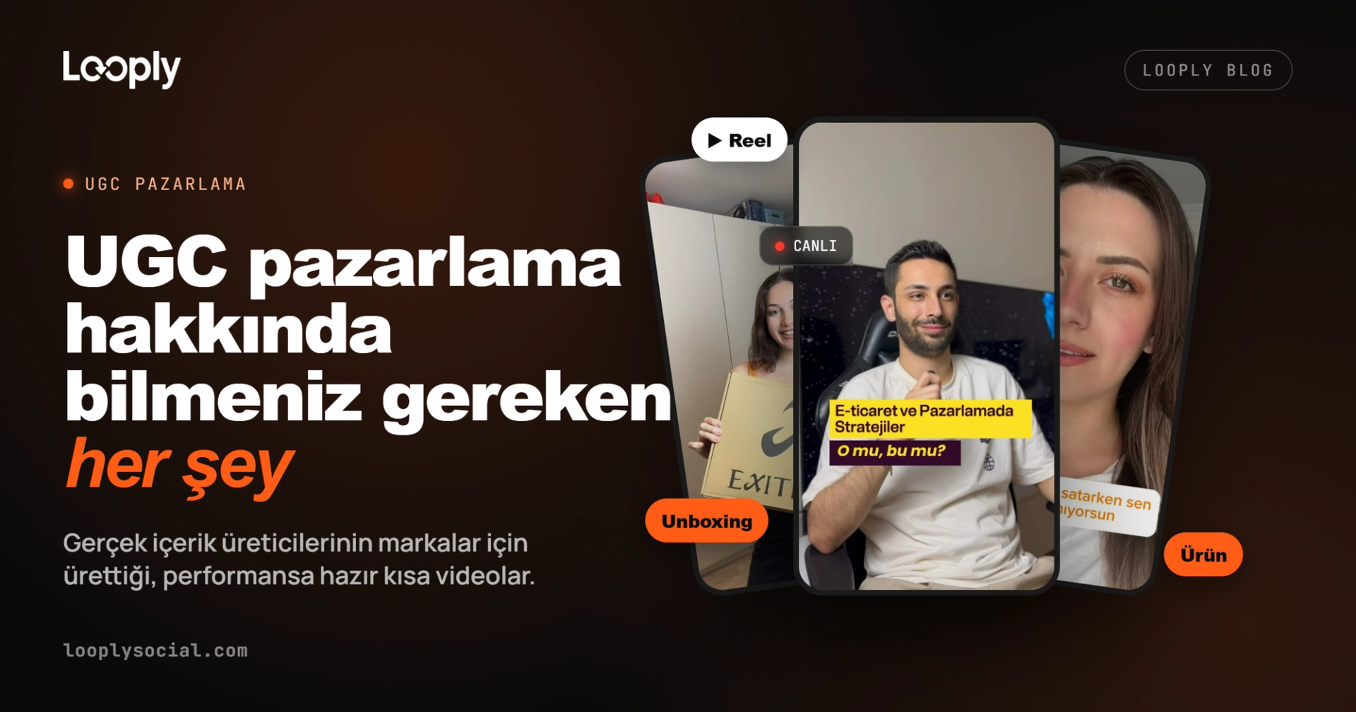 UGC pazarlama rehberi blog kapak görseli: içerik üreticilerinin markalar için hazırladığı dikey video reel'lerini temsil eden telefon çerçeveleri