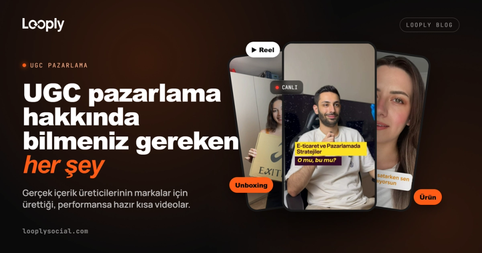 UGC pazarlama rehberi blog kapak görseli: içerik üreticilerinin markalar için hazırladığı dikey video reel'lerini temsil eden telefon çerçeveleri