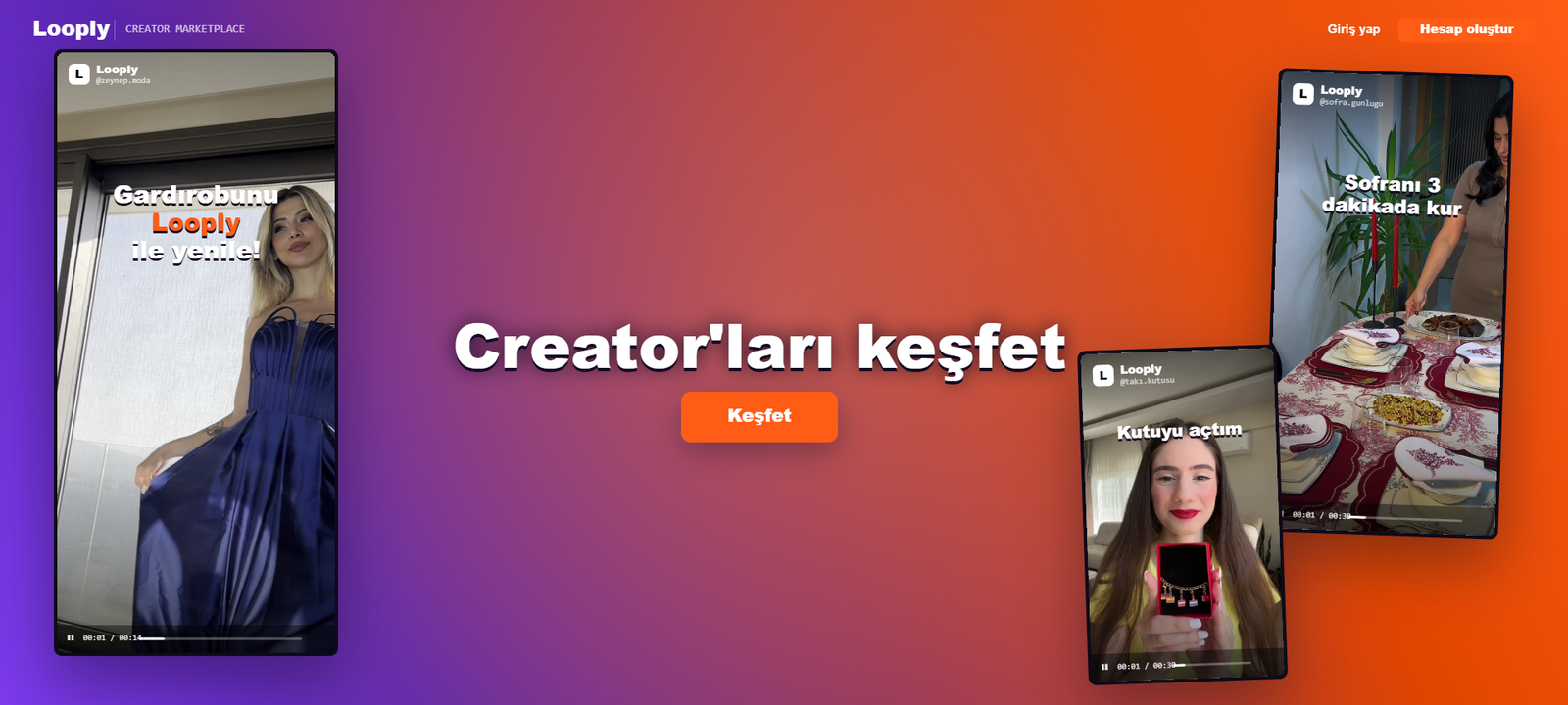 Looply Social platformunun içerik üreticisi keşfetme ekranı