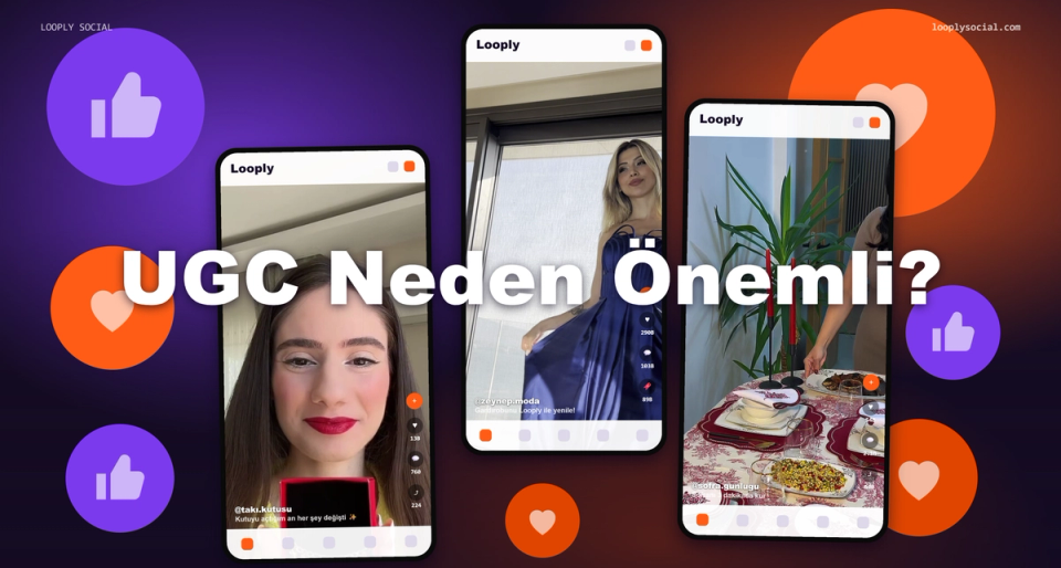 UGC neden önemli konulu Looply Social kapak görseli: takı, moda ve sofra içeriği üreten üç kullanıcı videosunun telefon ekranlarındaki görünümü