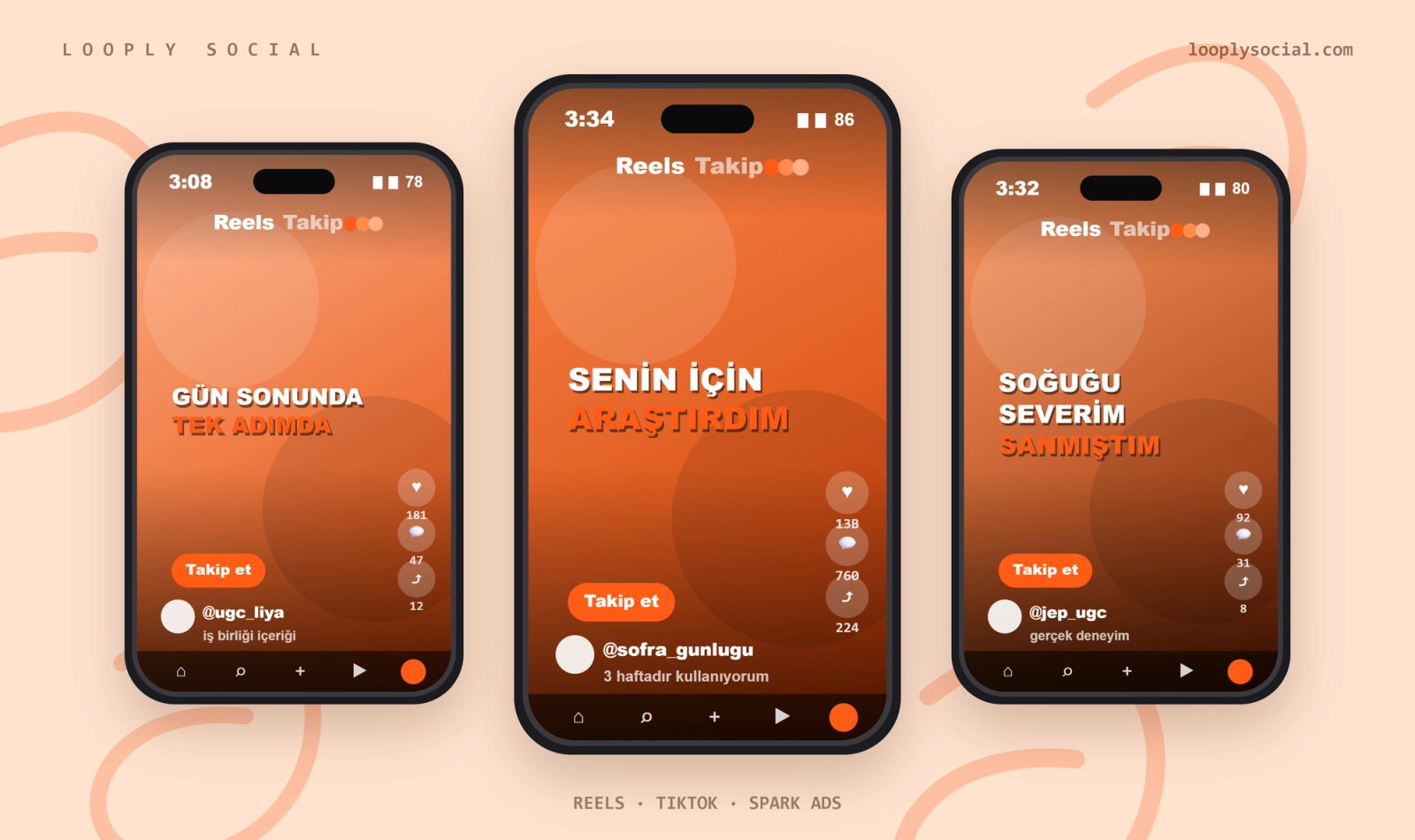 Üç farklı içerik üreticisinin aynı ekran metni şablonuyla çektiği dikey UGC videoları