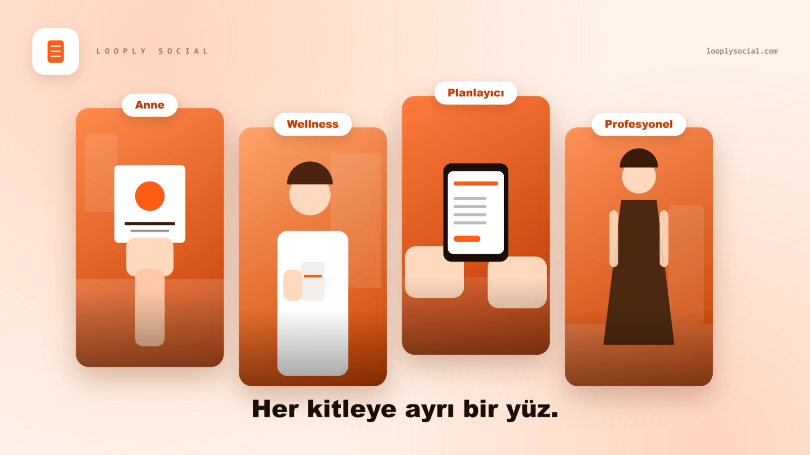 Anne, wellness, planlayıcı ve profesyonel personalarını gösteren Looply içerik üreticisi kartları