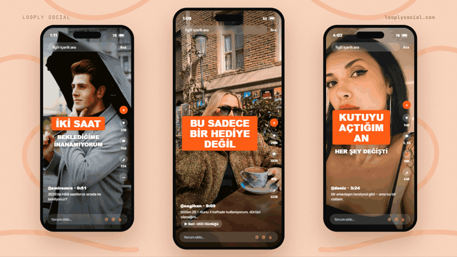 Aynı UGC reklamının üç farklı kanca varyasyonu: dikey videolarda ilk saniyede ekrana gelen farklı açılış metinleri