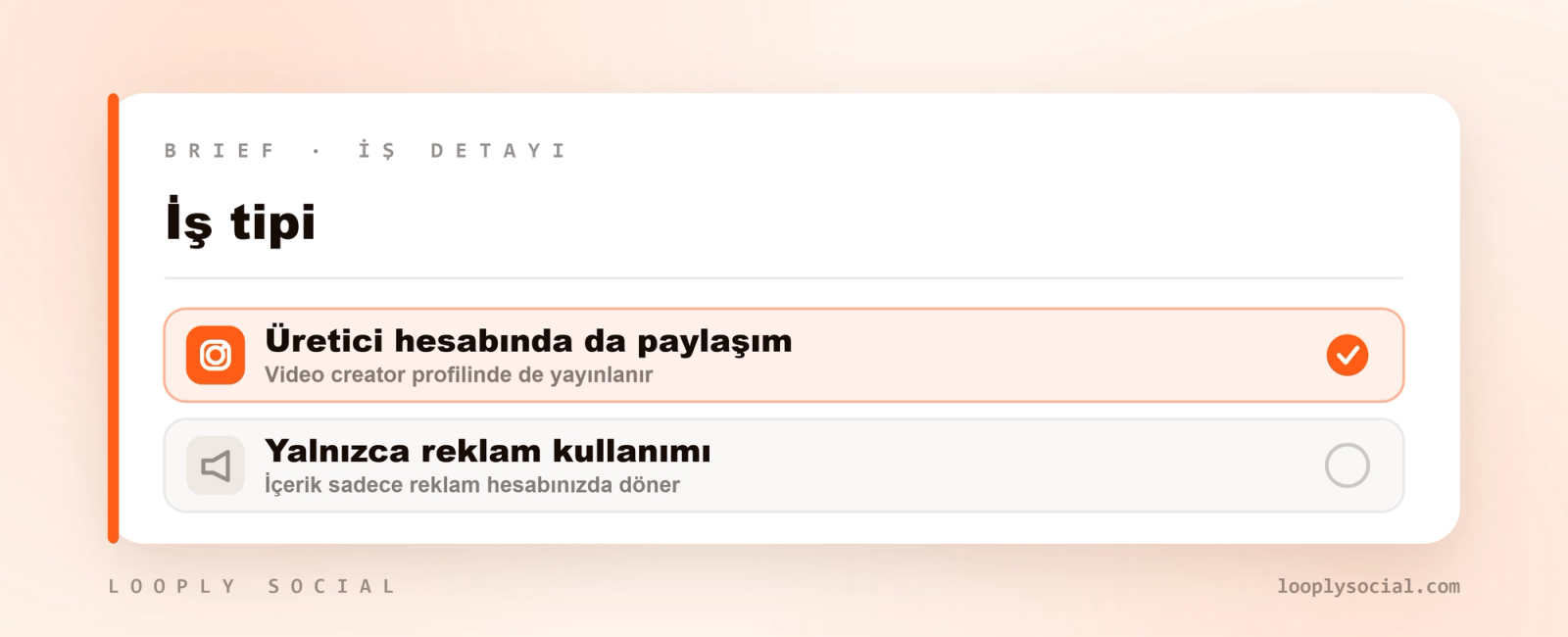 Looply Social brief ekranında iş tipi seçimi: üretici hesabında da paylaşım veya yalnızca reklam kullanımı