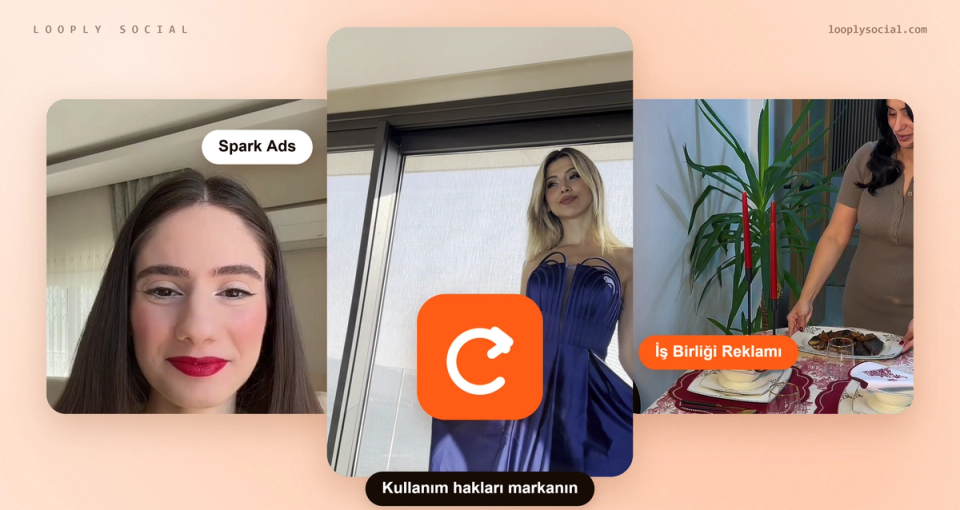 Looply Social içerik üreticisi videolarından kareler: Spark Ads, İş Birliği Reklamı ve marka kullanım hakları etiketleri