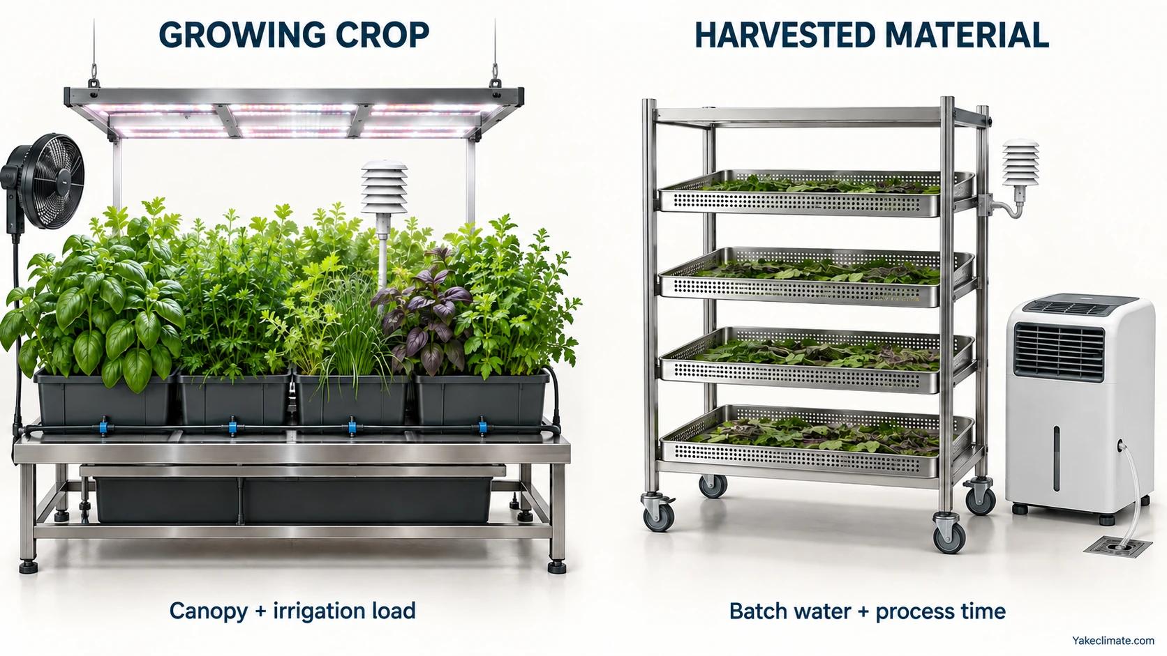 Growing herbs under lights and harvested leaves on drying trays illustrate different sources of moisture load.