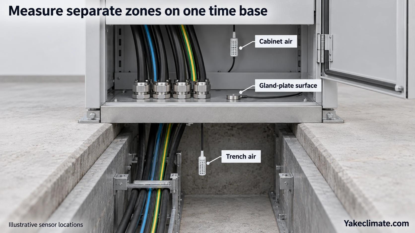 Illustrative measurement points for trench air, lower cabinet air and the gland-plate surface shown at separate locations.