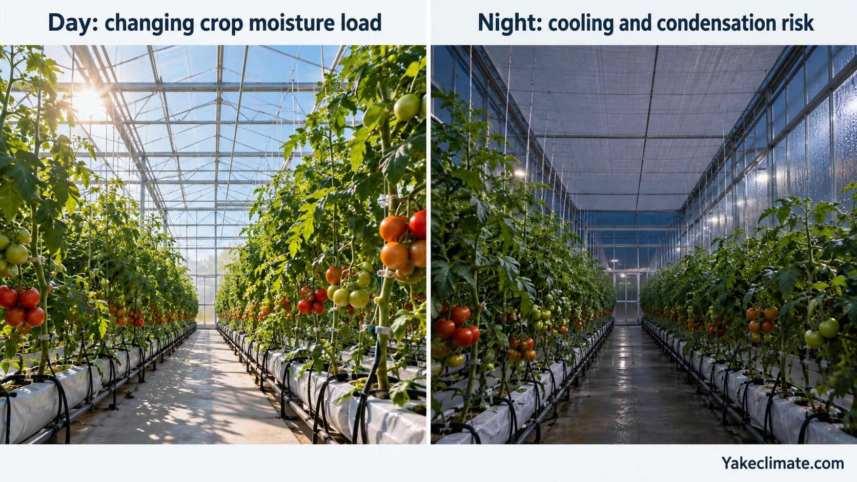 Conceptual day and night views of a tomato greenhouse, contrasting daylight crop moisture loads with cooling and condensation risk beneath a closed night screen.