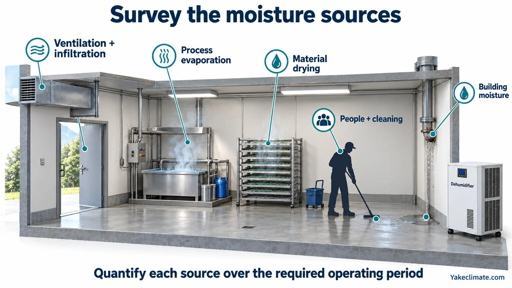 Industrial-room survey showing ventilation, process evaporation, wet materials, people and cleaning, and building moisture.