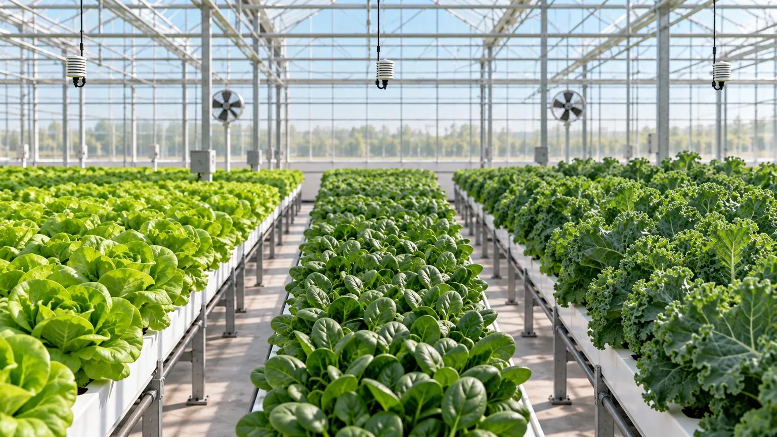 Illustration of separate lettuce, spinach and kale greenhouse crop beds with canopy sensors; not a Yakeclimate project photograph