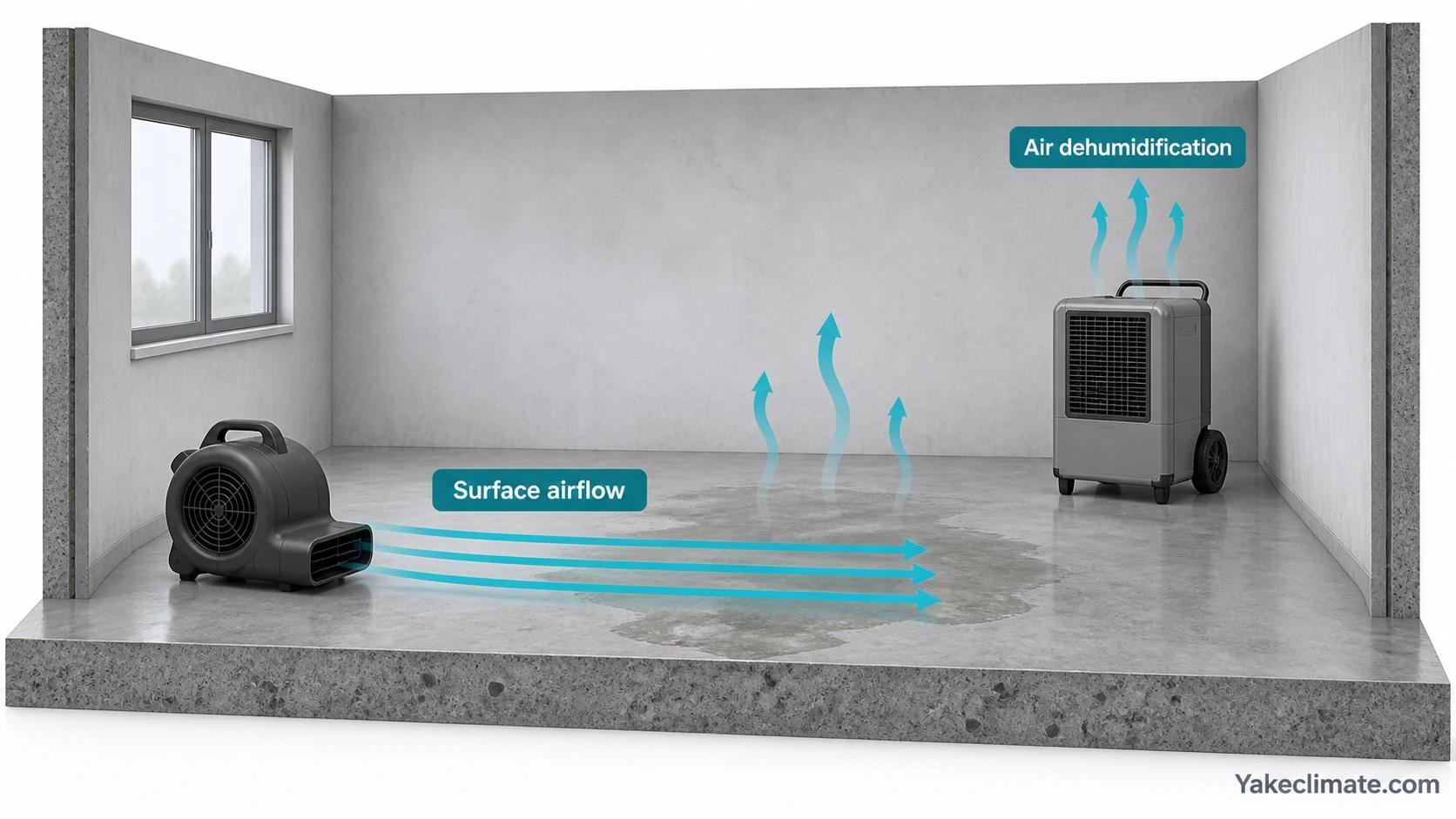 Illustration of a floor air mover and air dehumidifier supporting concrete slab drying.